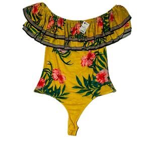 Akira Womens Off The Shoulder Tropical Bodysuit Tiered With Elastic - Large